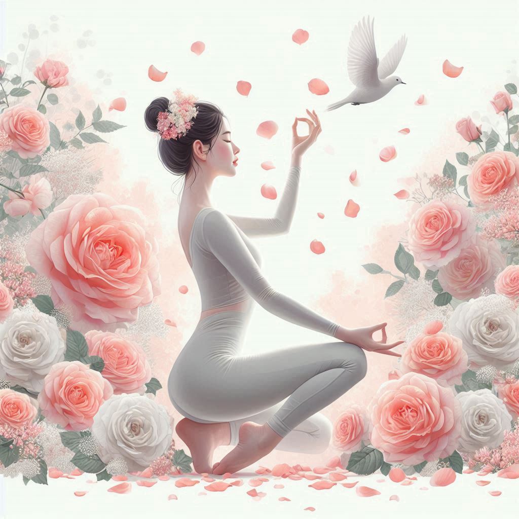 Femme en méditation au milieu d'un nuage de pétales de rose